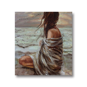 Large Premium Quality 100% Handmade Oil Painting of a Lady on Seashore on Canvas