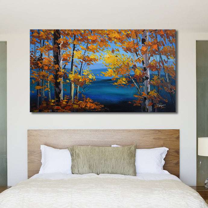 Handmade Oil Painting of Golden Yellow Trees on Stretched Canvas