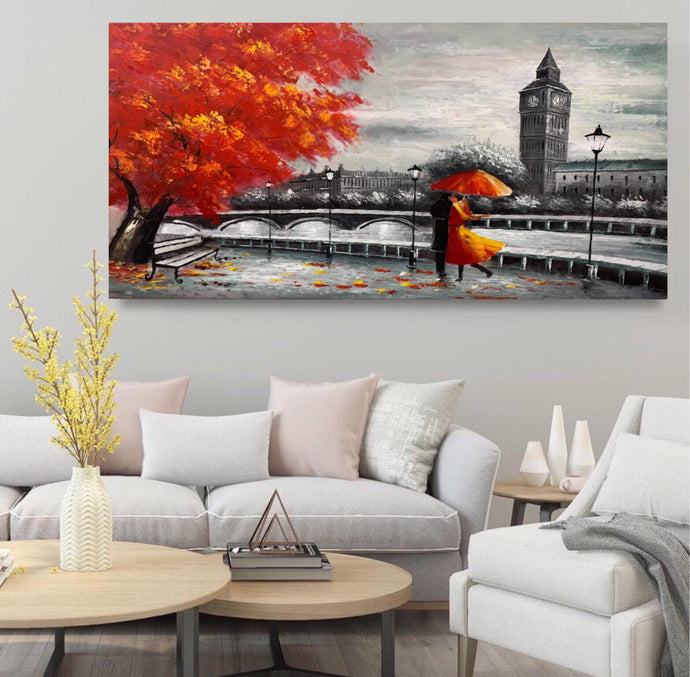 Handmade Oil Painting of London Romantic Landscape View on Stretched Canvas
