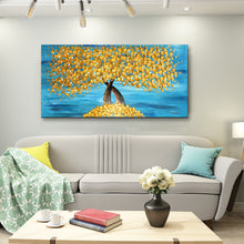 Handmade Oil Painting of Gold Flowers With Blue Background on Stretched Canvas