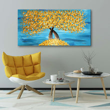Handmade Oil Painting of Gold Flowers With Blue Background on Stretched Canvas