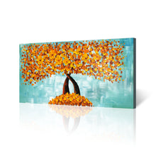 Handmade Oil Painting of Rustic Gold Flowers With Light Teal Background on Stretched Canvas