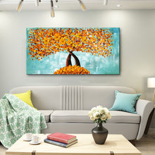 Handmade Oil Painting of Rustic Gold Flowers With Light Teal Background on Stretched Canvas