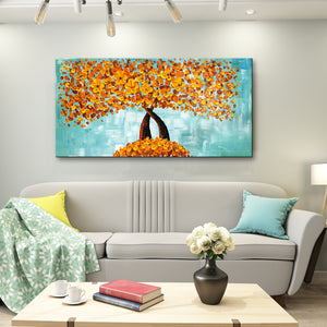 Handmade Oil Painting of Rustic Gold Flowers With Light Teal Background on Stretched Canvas