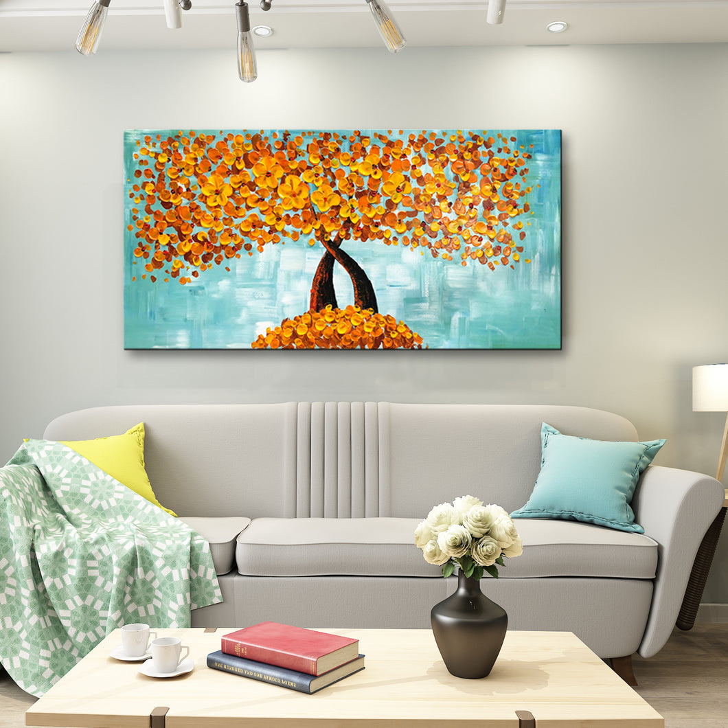 Handmade Oil Painting of Rustic Gold Flowers With Light Teal Background on Stretched Canvas