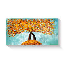 Handmade Oil Painting of Rustic Gold Flowers With Light Teal Background on Stretched Canvas