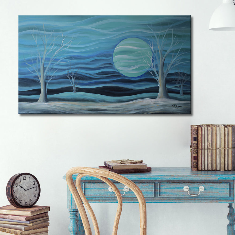 Handmade Oil Painting of Landscape in Blue on Stretched Canvas