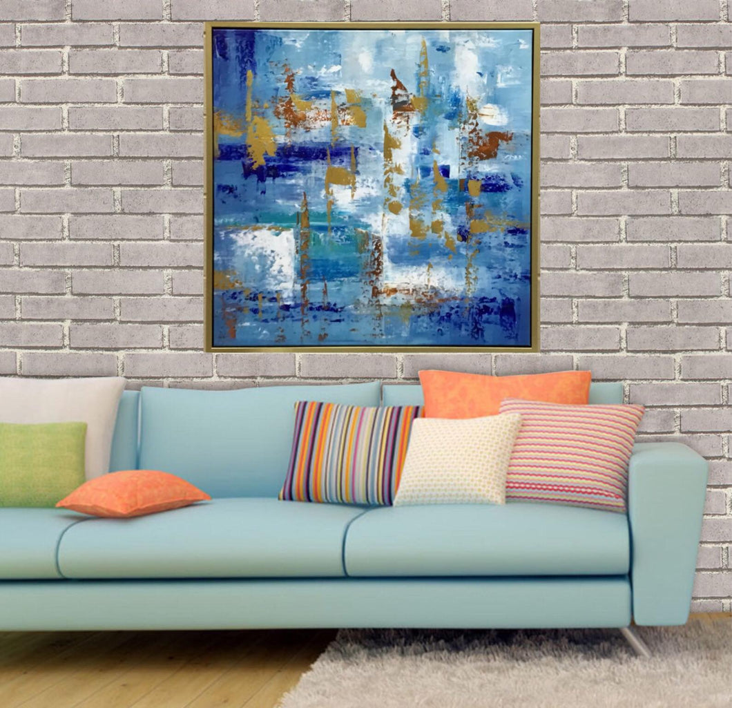 Abstract Handmade Oil Painting on Stretched Canvas with Extra Gold Floating Frame