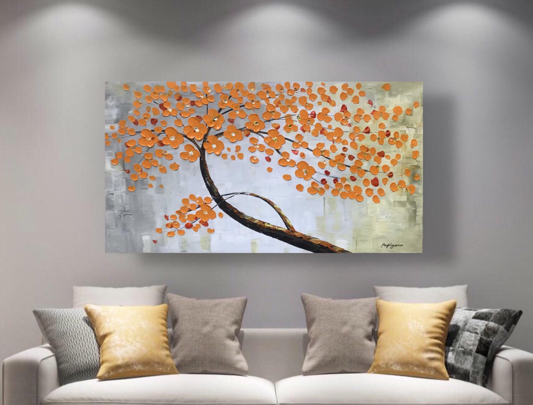 Handmade Oil Painting of Orange Flowers with Grey & Cream Background on Stretched Canvas