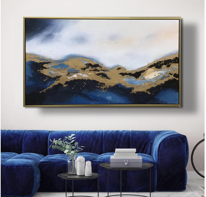 Abstract Handmade Oil Painting on Stretched Canvas with Extra Gold Floating Frame
