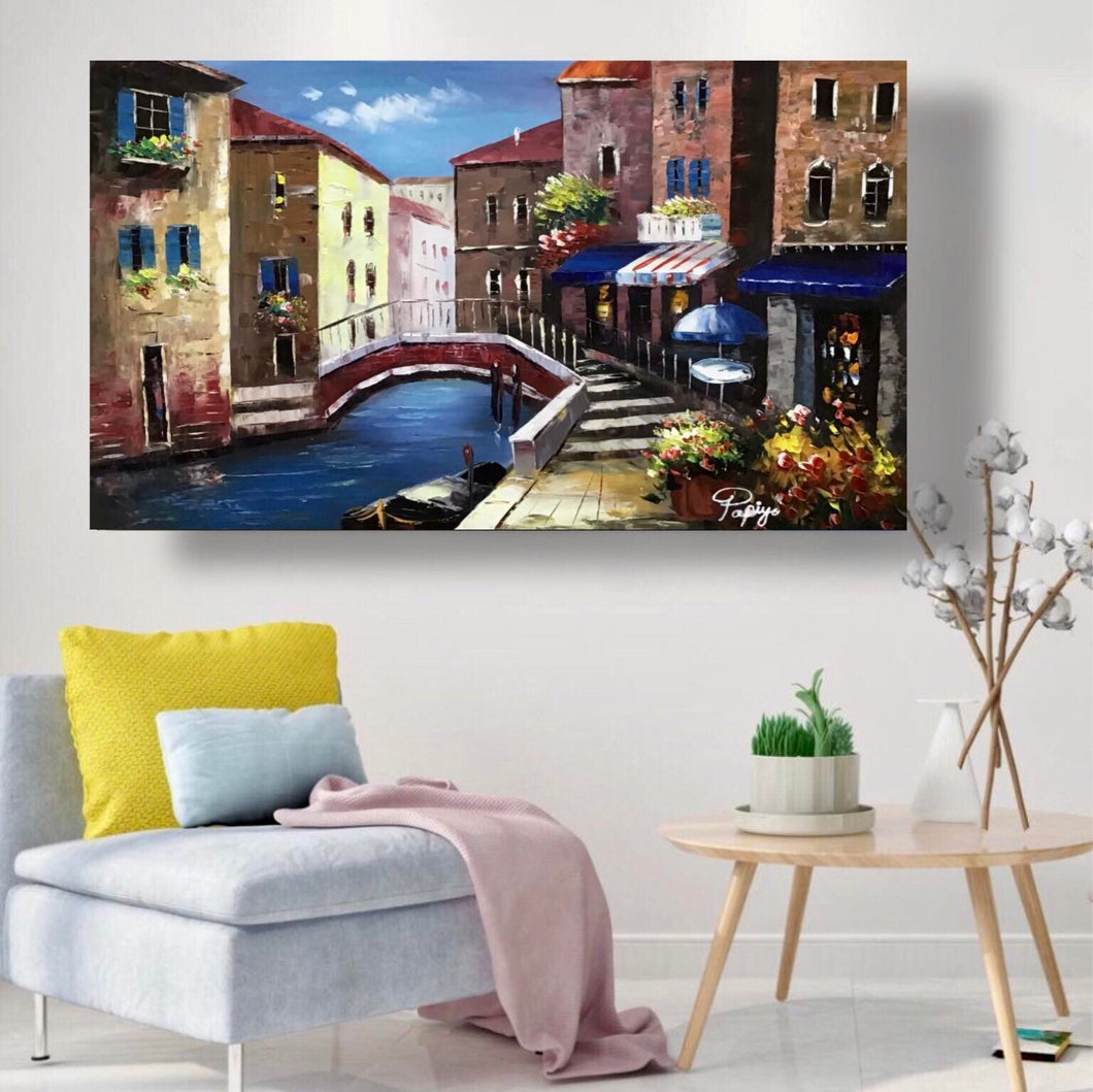 Handmade Oil Painting of Mediterranean City on Stretched Canvas