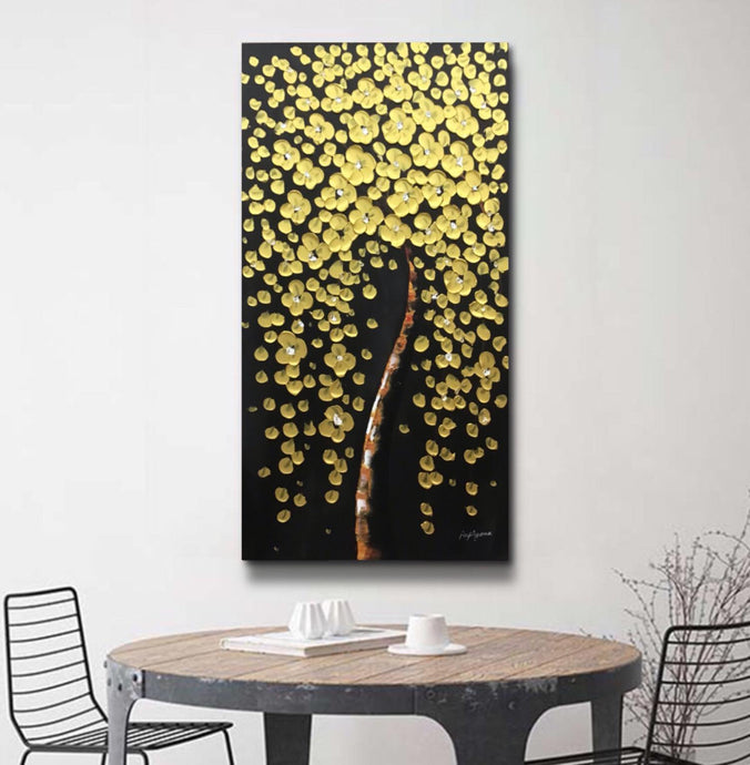 Handmade Oil Painting of Large Golden Vertical Flower on Stretched Canvas