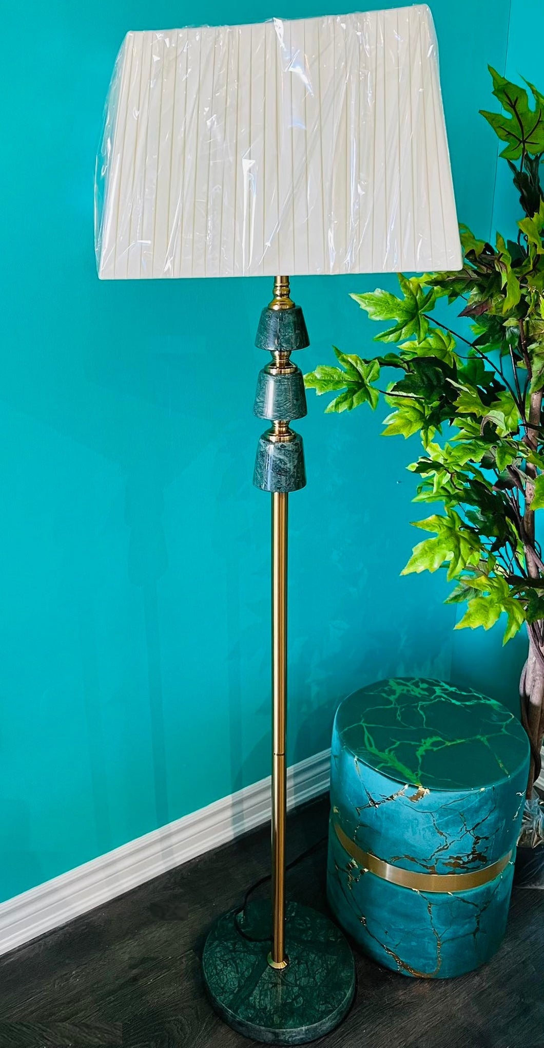 Amazing Green Marble & Golden Metal Floor Lamp with White Lampshade