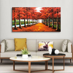 Handmade Oil Painting Of Red Trees & River Side on Stretched Canvas of Landscape