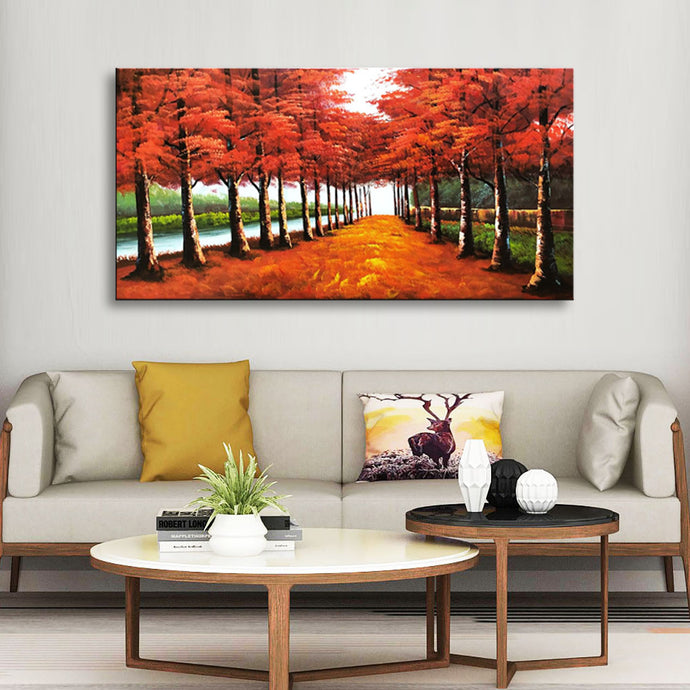 Handmade Oil Painting Of Red Trees & River Side on Stretched Canvas of Landscape