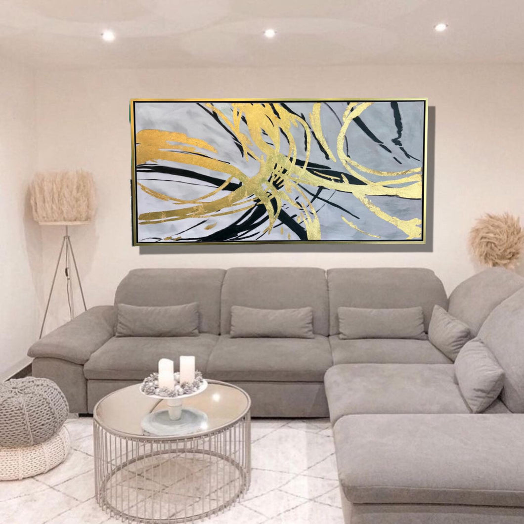 Abstract Handmade Oil Painting on Stretched Canvas with Extra Golden Floating Frame