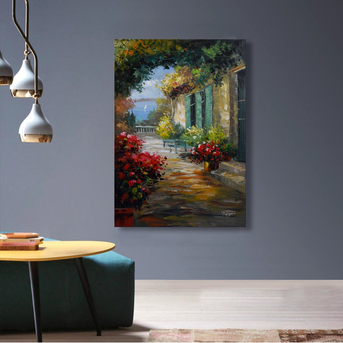 Handmade Oil Painting of Mediterranean View on Stretched Canvas