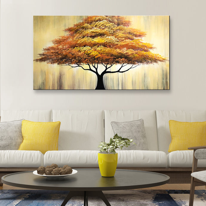 Handmade Oil Painting of Golden Tree on Stretched Canvas