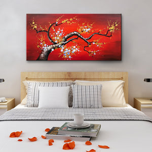 Handmade Oil Painting of Blossom Tree in Red on Canvas