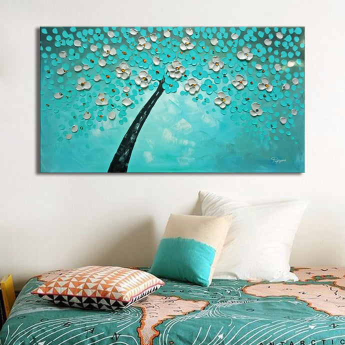 Handmade Oil Painting of Silver and Blue Tree on Stretched Canvas