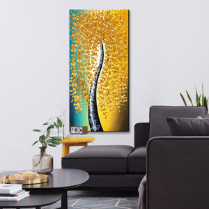 Handmade Oil Painting of Large Golden Vertical Flower on Stretched Canvas