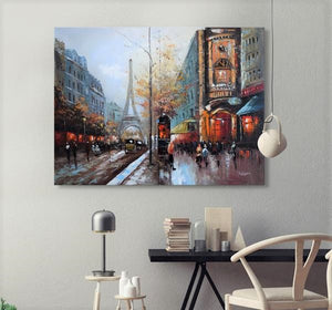Large Handmade Oil Painting of Paris Street on Stretched Canvas