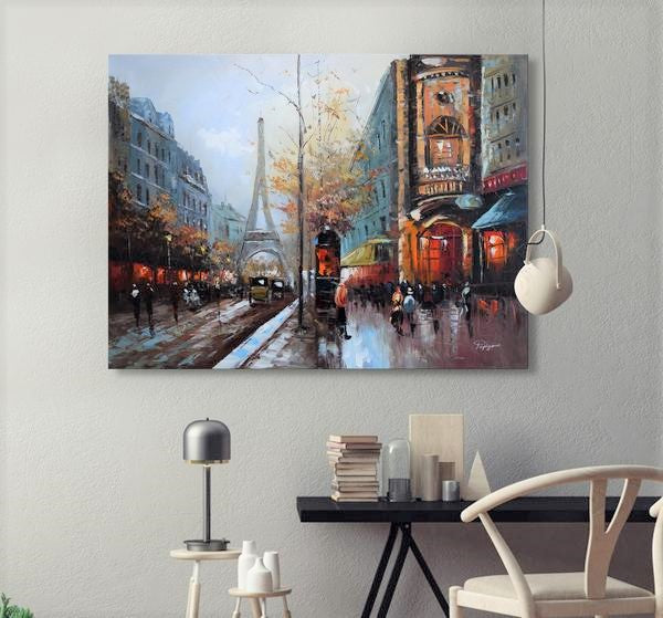 Large Handmade Oil Painting of Paris Street on Stretched Canvas