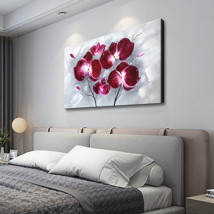 Handmade Oil Painting of Purple Flowers with Grey Background on Stretched Canvas