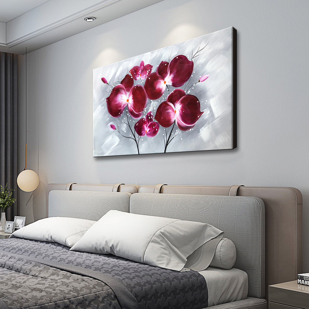 Handmade Oil Painting of Purple Flowers with Grey Background on Stretched Canvas