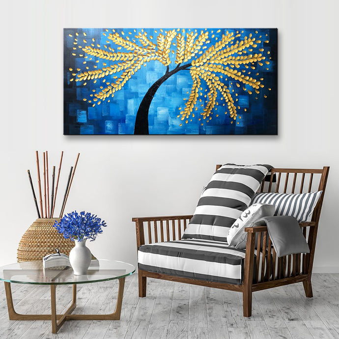Handmade Oil Painting of Golden Tree with Royal Blue Background on Stretched Canvas