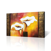 Handmade Oil Painting of Lily Flowers in Golden Background on Stretched Canvas
