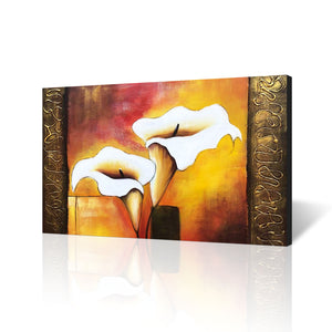 Handmade Oil Painting of Lily Flowers in Golden Background on Stretched Canvas
