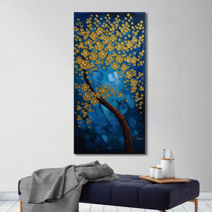 Handmade Oil Painting of Golden Tree with Blue Background on Stretched Canvas