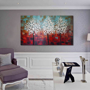 Handmade Oil Painting on Stretched Canvas of Three Trees