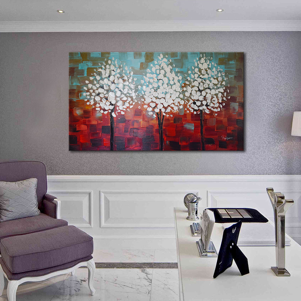 Handmade Oil Painting on Stretched Canvas of Three Trees