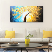 Handmade Oil Painting of Golden Flower with Mixed Blue & Gold Color Background Landscape View on Canvas