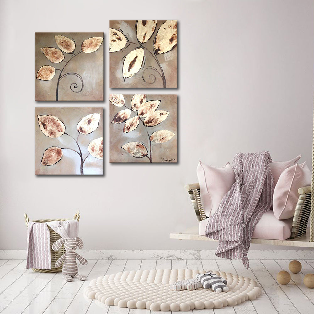 Handmade Oil Painting on Stretched Canvas of Golden Leaves in Group Made From Golden Paper Arts