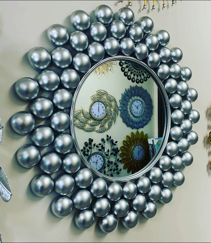 Modern Handcrafted Decorated Round Wall Metal Mirror in Rich Silver