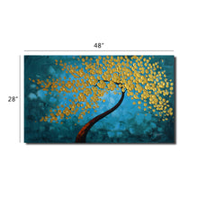 Handmade Oil Painting of Golden Tree with Teal Background on Stretched Canvas