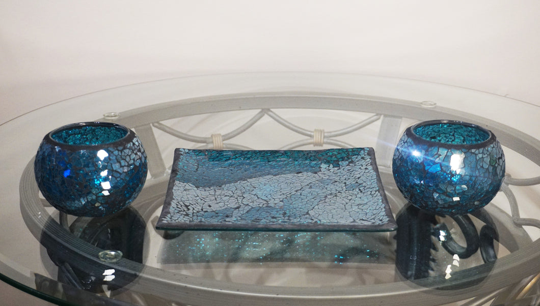 Square Plate with 2 Large Decorative Candle Holders in Glossy Teal