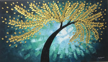 Handmade Oil Painting of Golden Tree with Green Background on Stretched Canvas