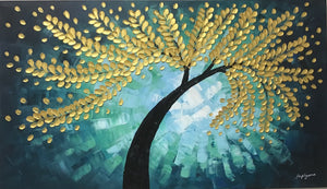 Handmade Oil Painting of Golden Tree with Green Background on Stretched Canvas