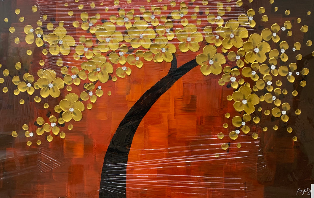 Handmade Oil Painting of Gold Flower with Red Background on Stretched Canvas