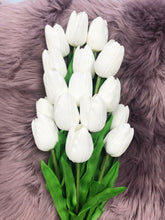 1-piece Tulip Flower Artificial PU Leather WHITE Tulip Stem – 13” Realistic Faux Flower with Green Leaves – Real Touch and Look Decorative Single Tulip for Home, Office, or Event Arrangements
