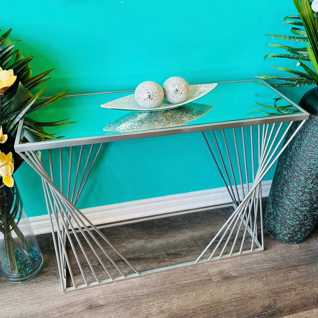 Console Table in Silver with a Mirror Glass Top | Modern