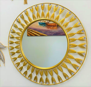 Handcrafted Modern Decorated Round Wall Metal Mirror With Crystal Stones