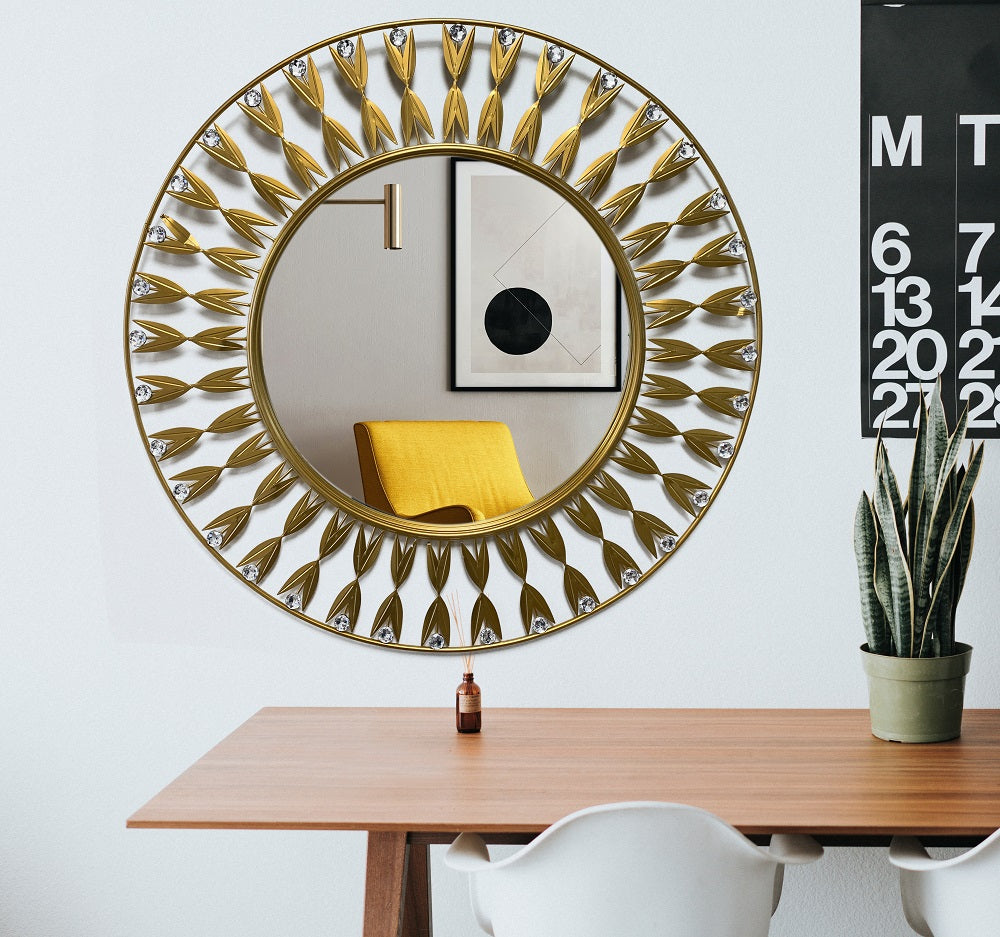 Handcrafted Modern Decorated Round Wall Metal Mirror With Crystal Stones