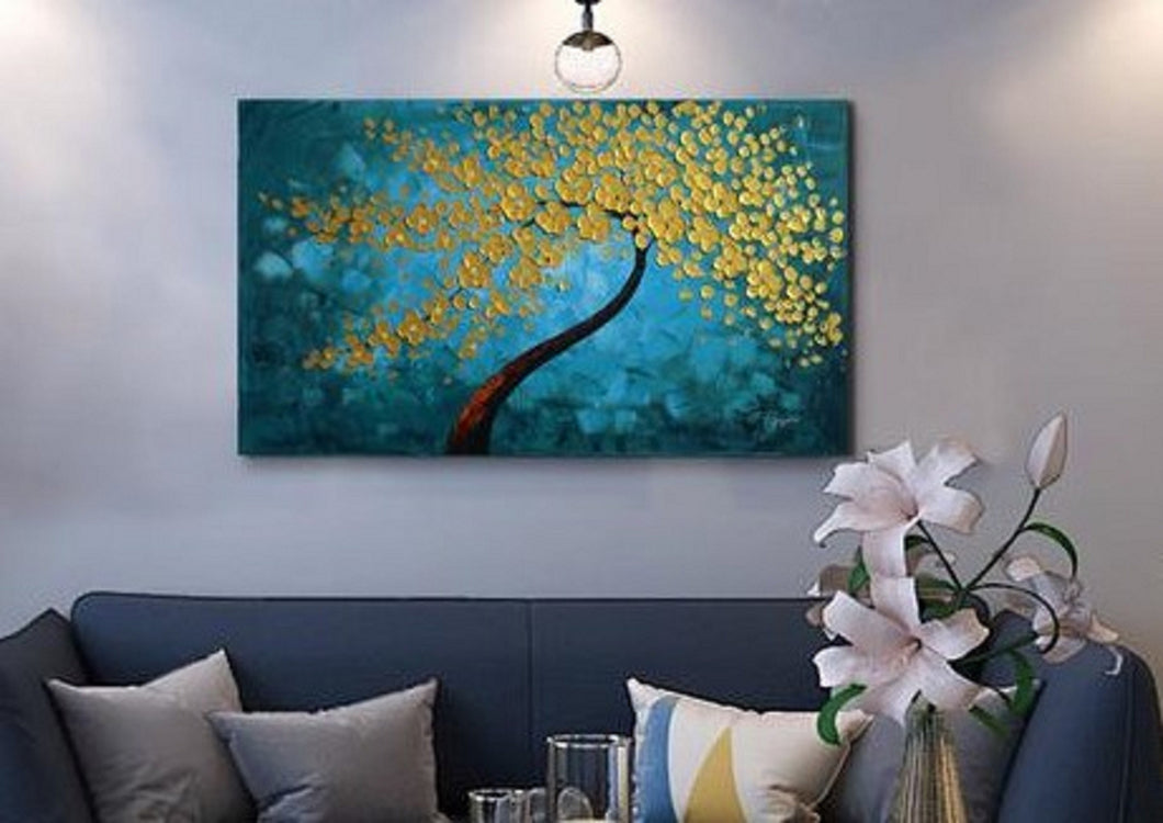 Huge Handmade Oil Painting of Golden Tree with Teal Background on Stretched Canvas