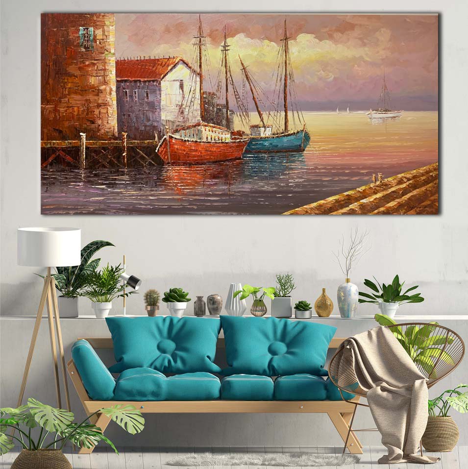 Original Oil Painting of Sea City on Stretched Canvas Ready To Hang