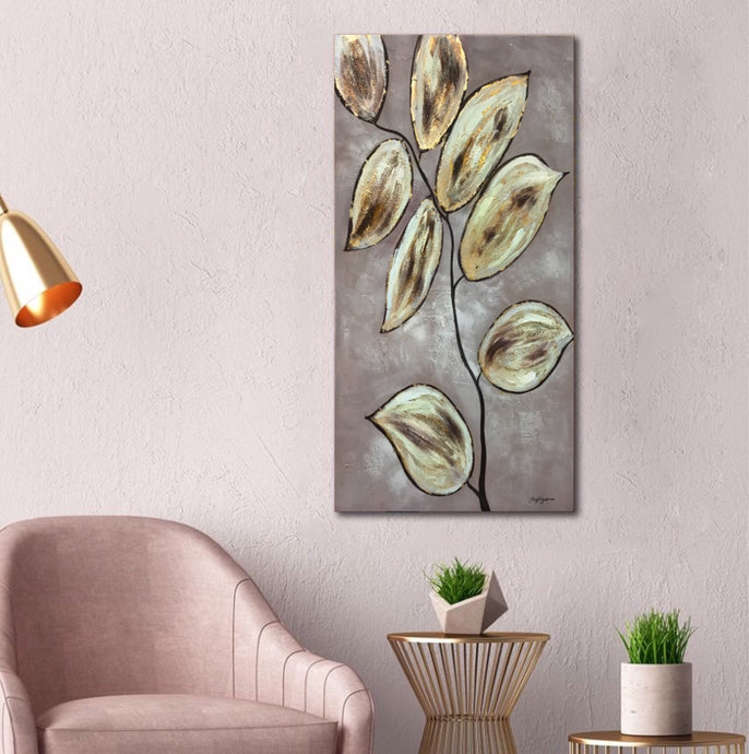 Handmade Oil Painting of Golden Leaves on Stretched Canvas